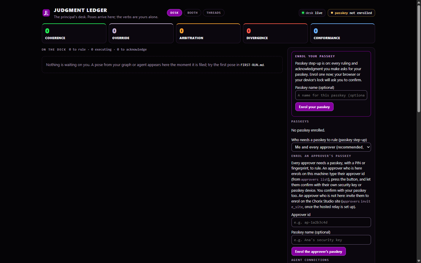 The desk on first sign-in: the tallies at zero, an empty deck, and a panel headed Enrol your passkey saying that every ruling and acknowledgment asks for the passkey, with a setting for who needs a passkey to rule